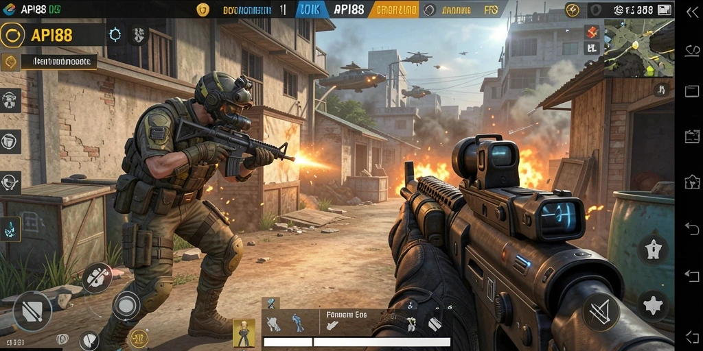 Screenshot menunjukkan aksi tembak-menembak yang intens dalam game FPS.