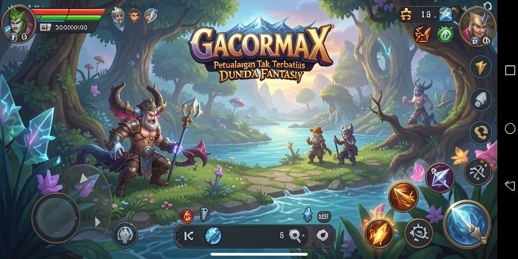 Tangkapan layar gameplay GACORMAX menampilkan karakter menjelajahi dunia yang fantastis.