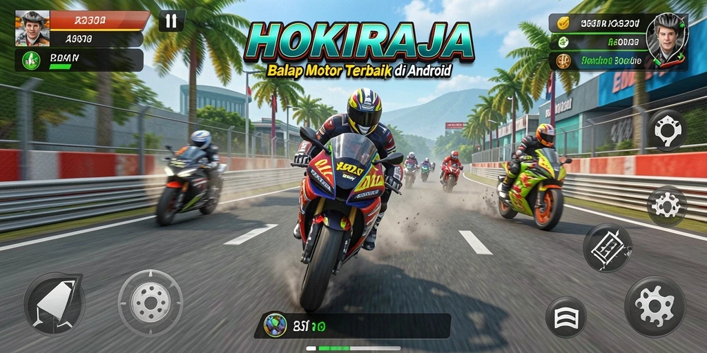 Screenshot HOKIRAJA menampilkan gameplay balap motor yang mendebarkan.