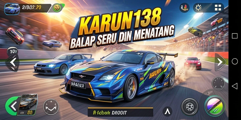 Screenshot gameplay KARUN138 menunjukkan mobil balap melaju cepat di lintasan.